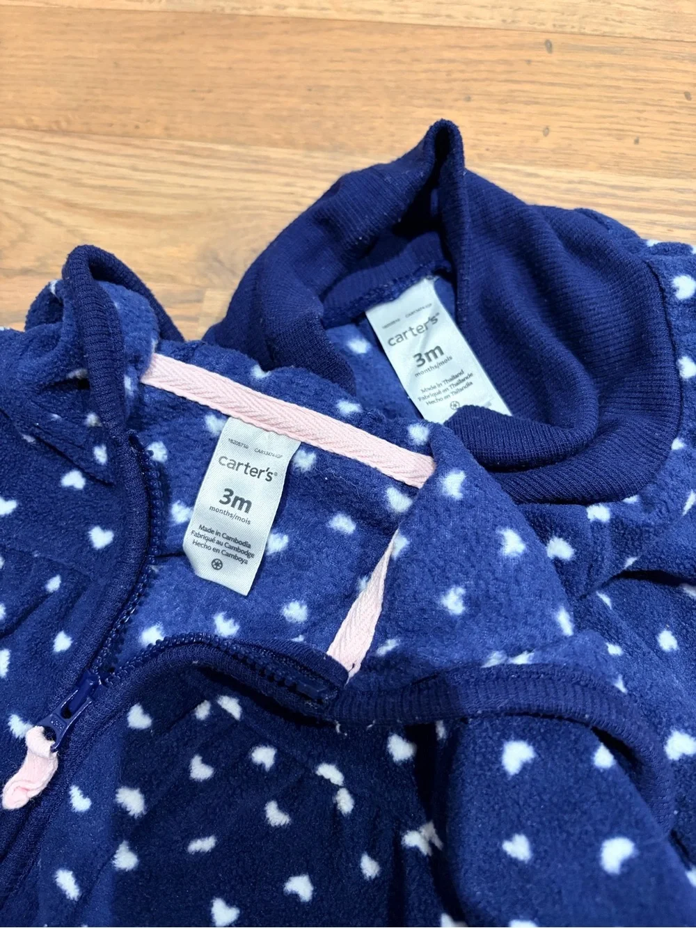 Carter’s baby girl fleece navy zip up hoodie and pants outfit with white hearts